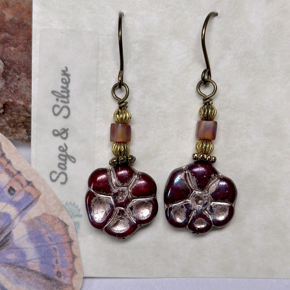 NEW Ruby burgundy flower earrings iridescent Czech glass handmade